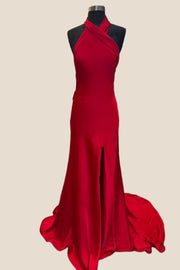 Halter Red Open Back Long Dress with Slit