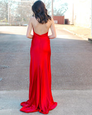 Halter Red Open Back Long Dress with Slit