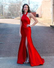 Halter Red Open Back Long Dress with Slit