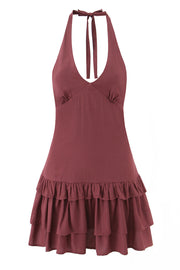 Halter Wine Red Ruffle A-line Short Dress