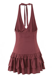 Halter Wine Red Ruffle A-line Short Dress