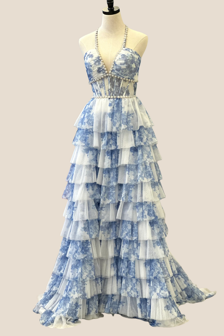 Halter Blue Floral Print Tiered Long Dress with Pearls Ohmollydress Halter Blue Floral Print Tiered Long Dress with Pearls Ohmollydress