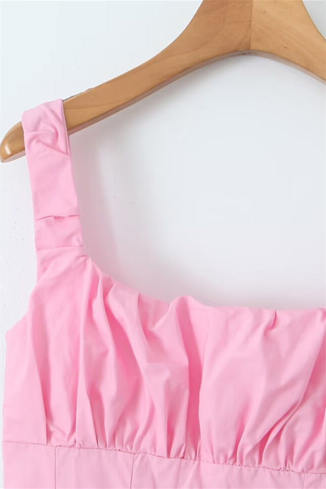 High Waist Pink Ruched Short Summer Dress