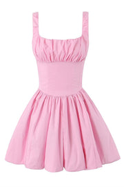 High Waist Pink Ruched Short Summer Dress