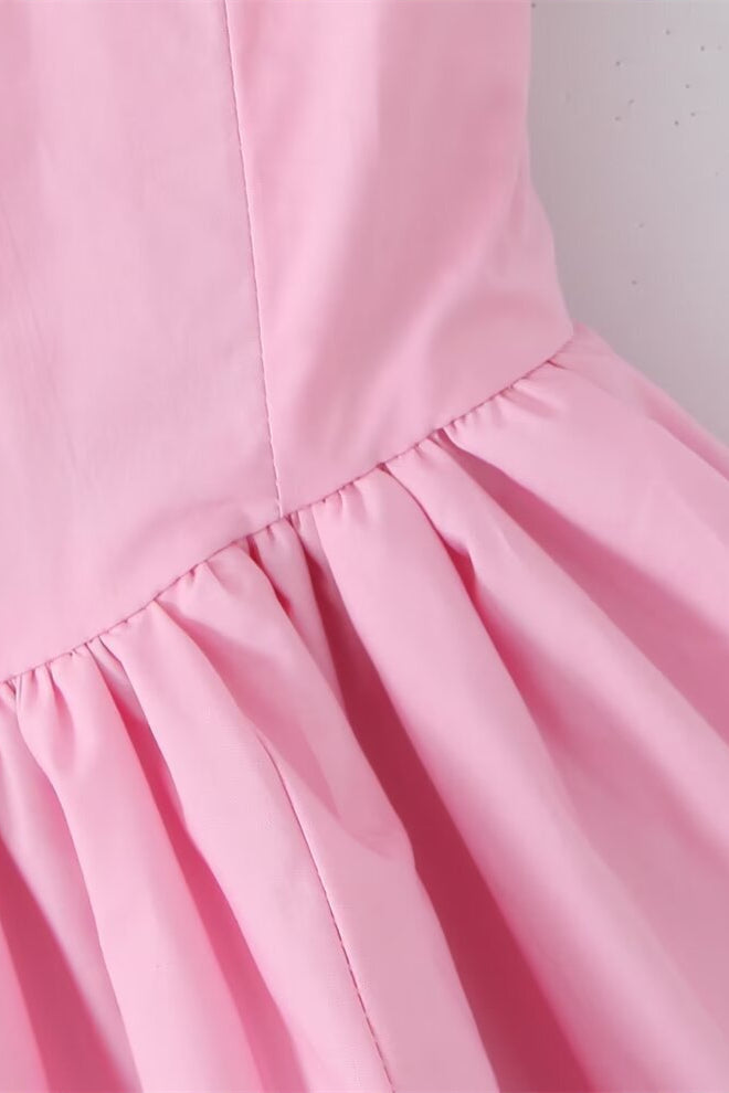 High Waist Pink Ruched Short Summer Dress