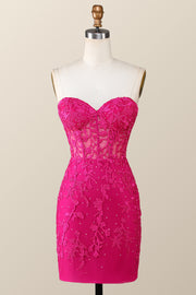 Hot Pink Lace Appliques Tight Mini Dress