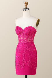 Hot Pink Lace Appliques Tight Mini Dress