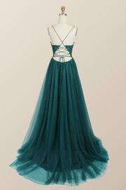 Straps Green Appliques Tulle Long Formal Dress