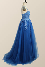 Blue Appliques A-line Tulle Long Dress