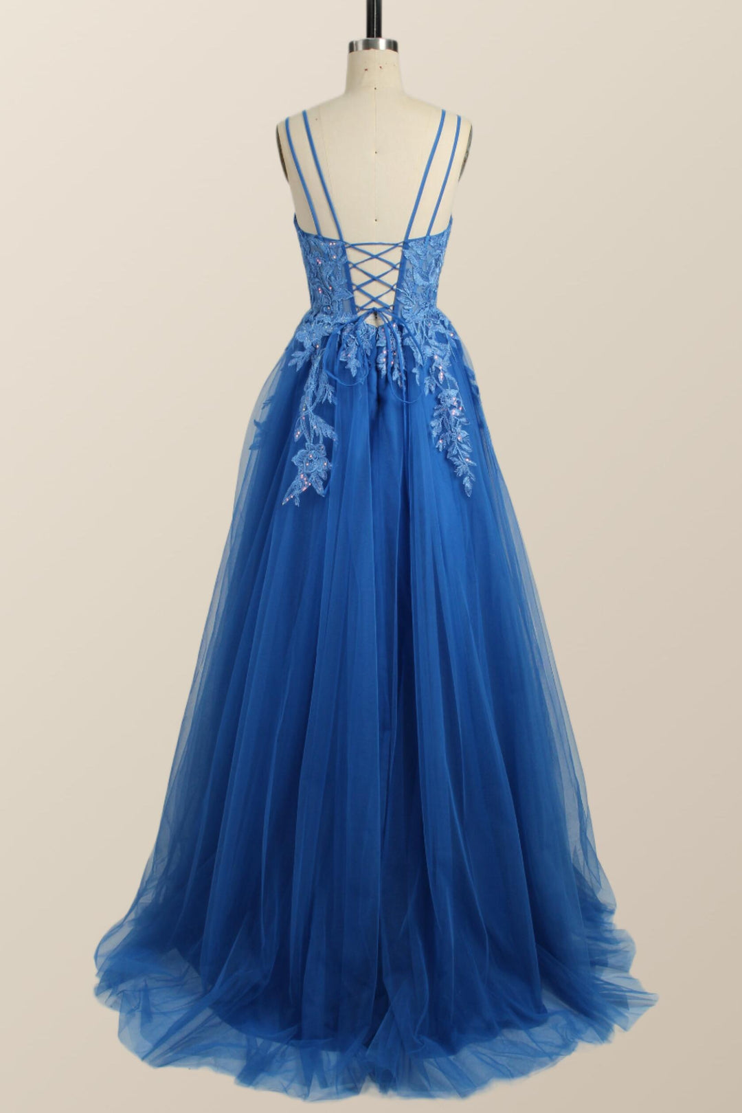 Ink Blue Appliques Front Split Long Sleeves Evening Gown JTE182