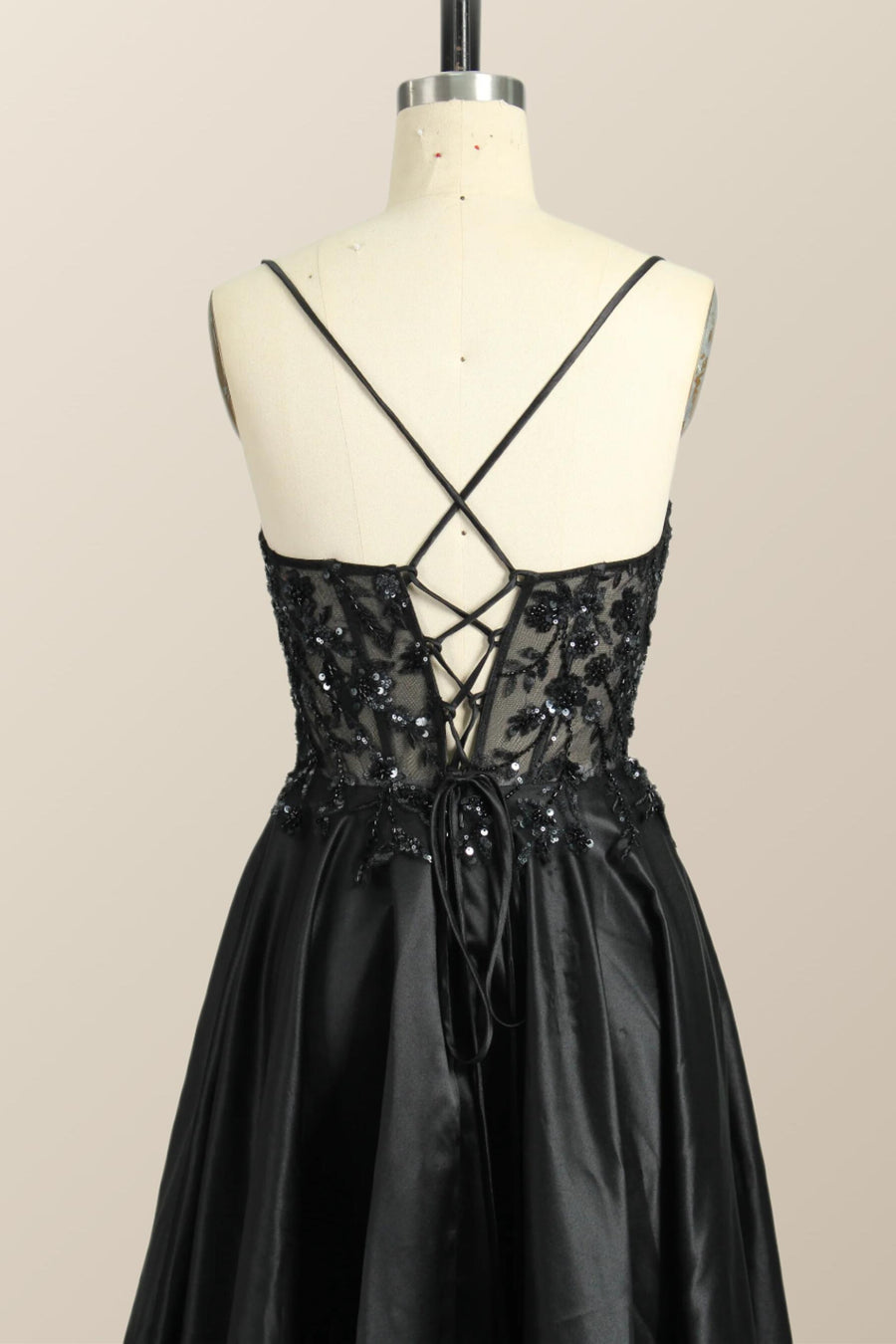 Beaded Black Satin A-line Prom Dress