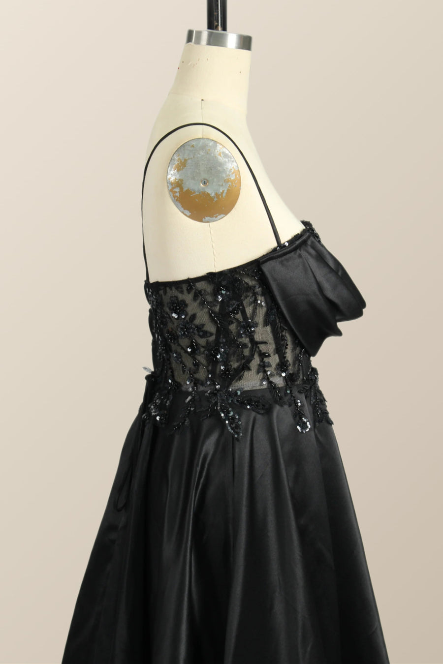 Beaded Black Satin A-line Prom Dress