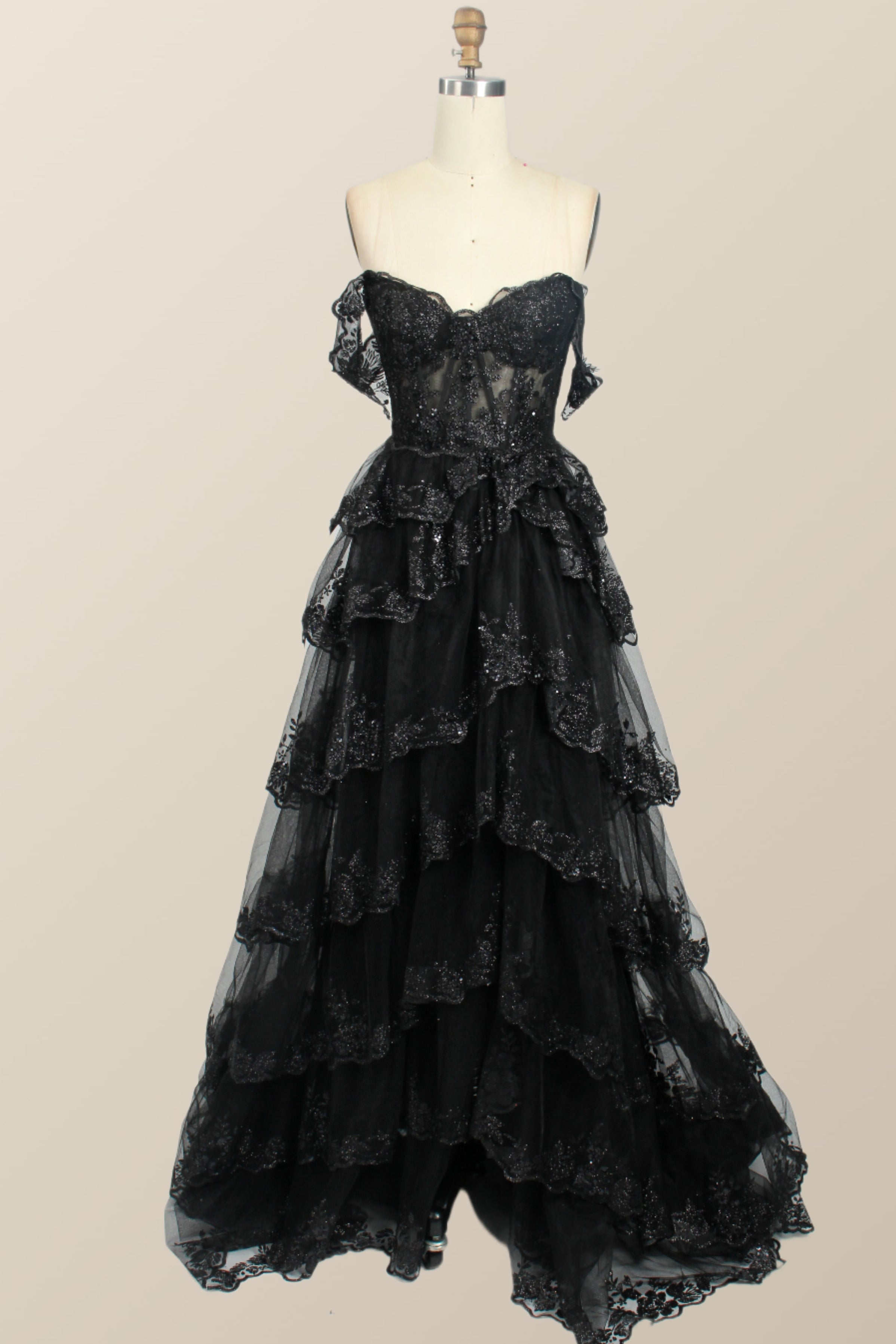 Black Lace Off the Shoulder Tiered Layers Long Formal Gown Ohmollydress Black Lace Off the Shoulder Tiered Layers Long Formal Gown Ohmollydress