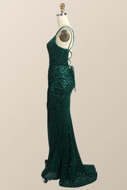 Ruched Green Sequin Fitted Long Party Dress