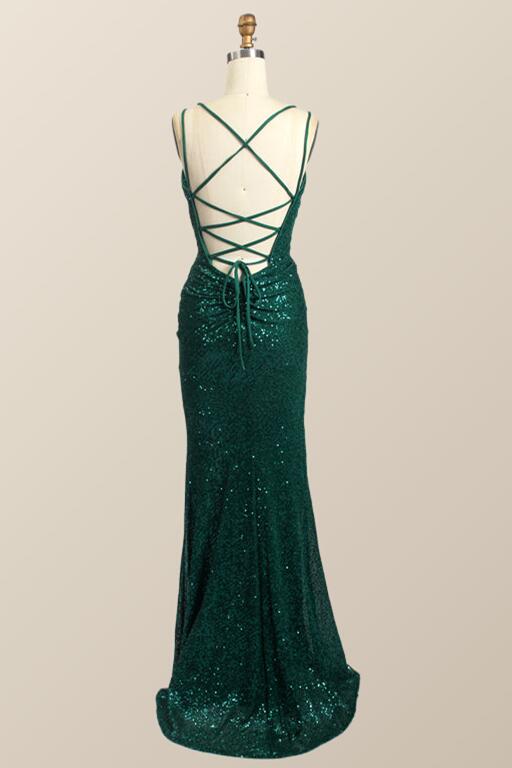 Ruched Green Sequin Fitted Long Party Dress