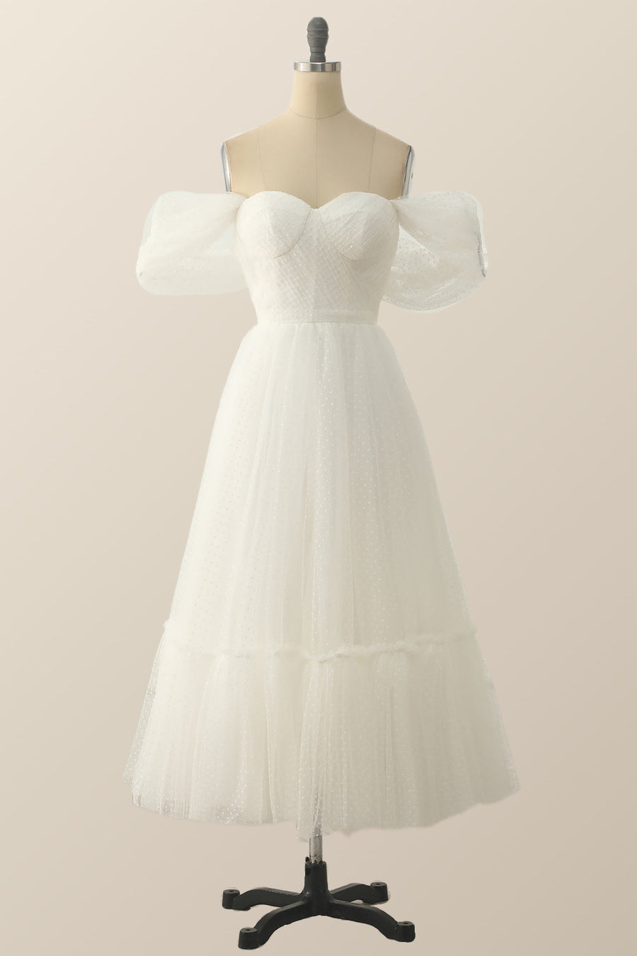 Off the Shoulder White A-line Polk Dots Midi Dress Ohmollydress Off the Shoulder White A-line Polk Dots Midi Dress Ohmollydress