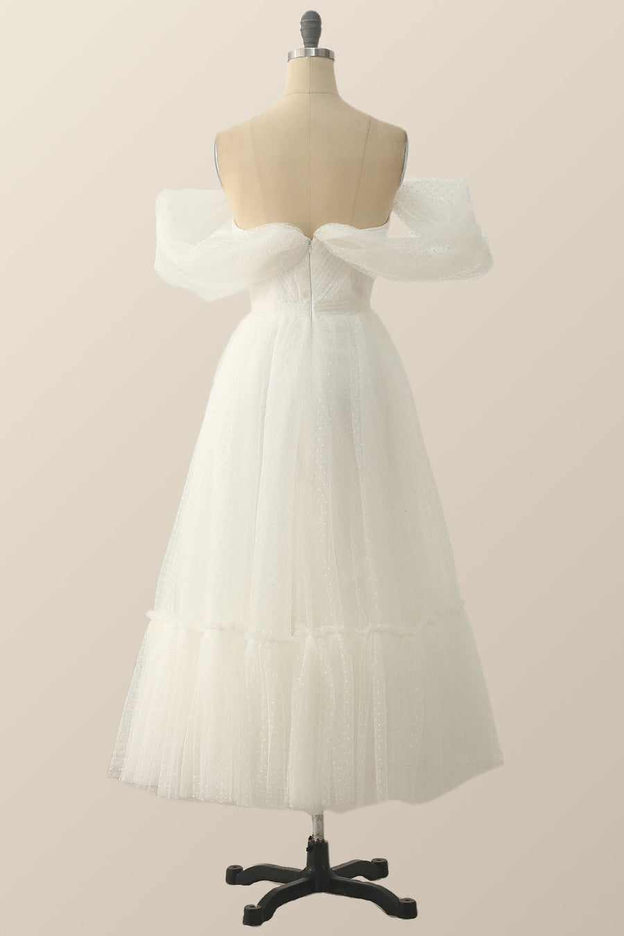 Off the Shoulder White A-line Polk Dots Midi Dress Ohmollydress Off the Shoulder White A-line Polk Dots Midi Dress Ohmollydress