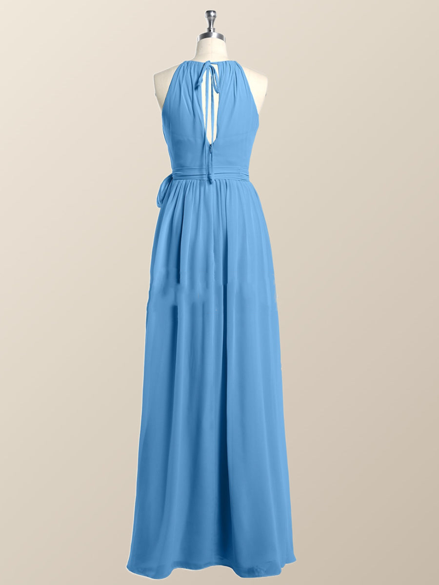 Halter Blue Chiffon A-line Long Bridesmaid Dress