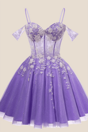 Lavender Sequin Appliques A-line Short Dress