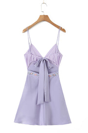 Lavender Embroidery Short Dress with Back Bow