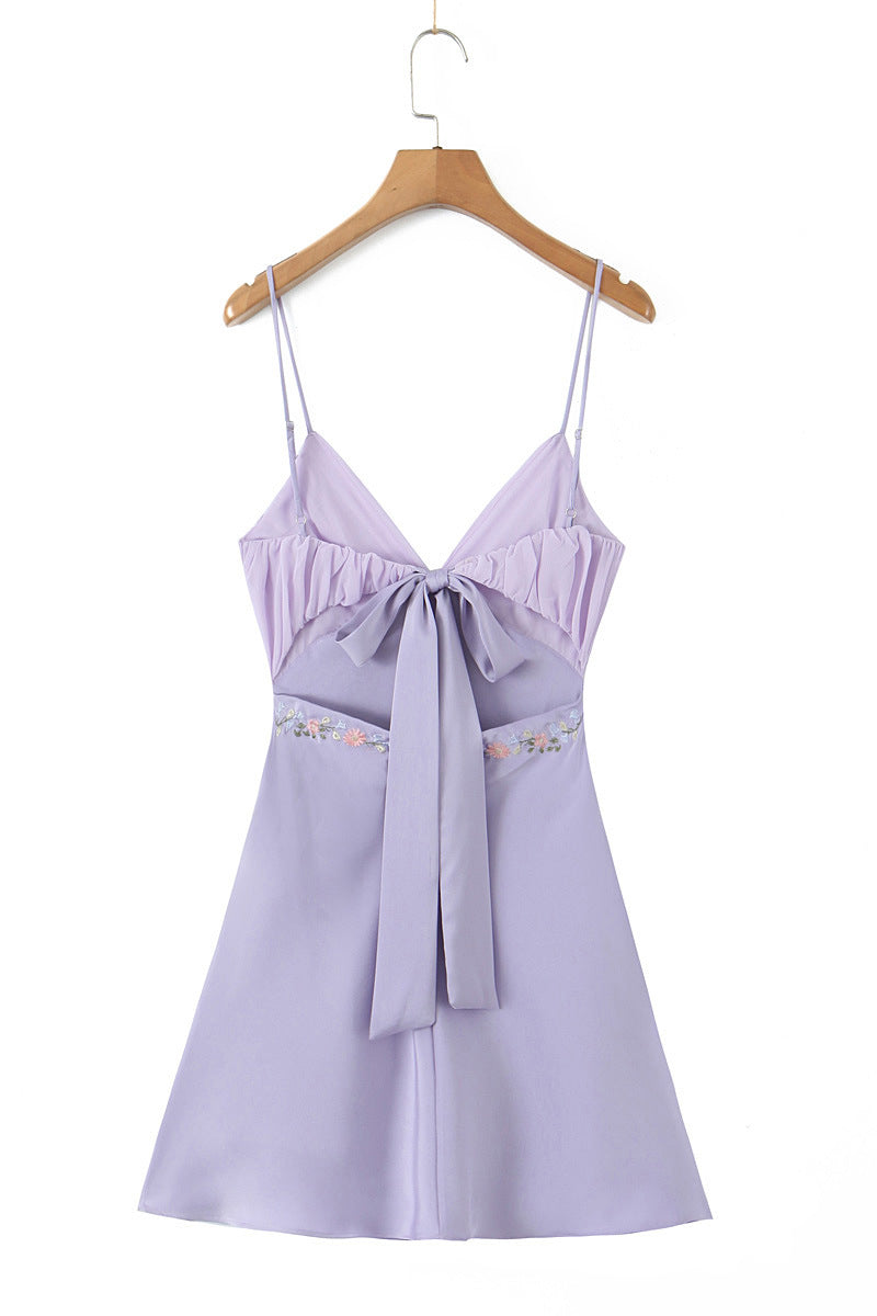 Lavender Embroidery Short Dress with Back Bow