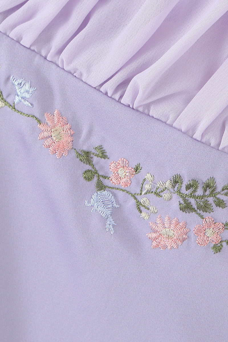 Lavender Embroidery Short Dress with Back Bow