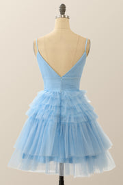 Straps Blue Tiered Ruffle Short A-line Homecoming Dress