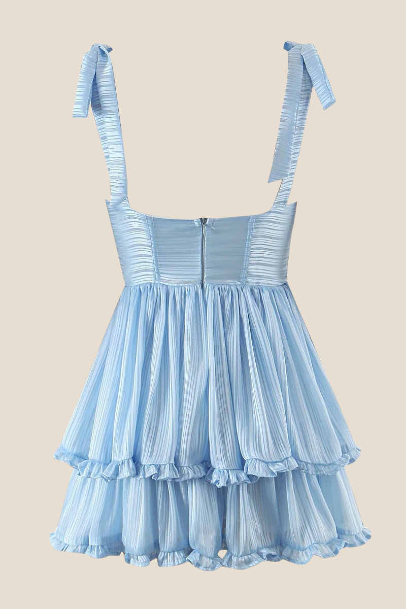 Light Blue Button Front Tiered Short Dress