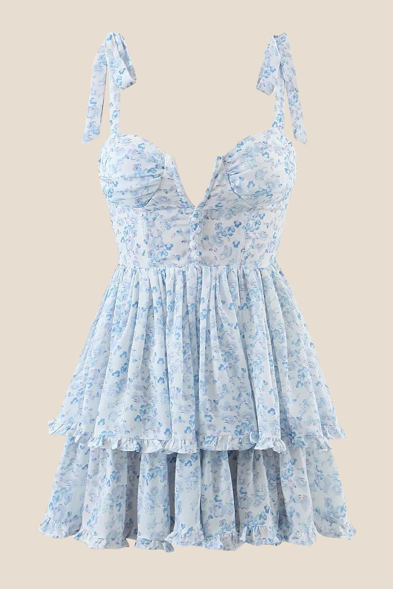 Light Blue Button Front Tiered Short Dress