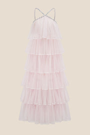 Light Pink Tiered A-line Long Dress with Diamonds