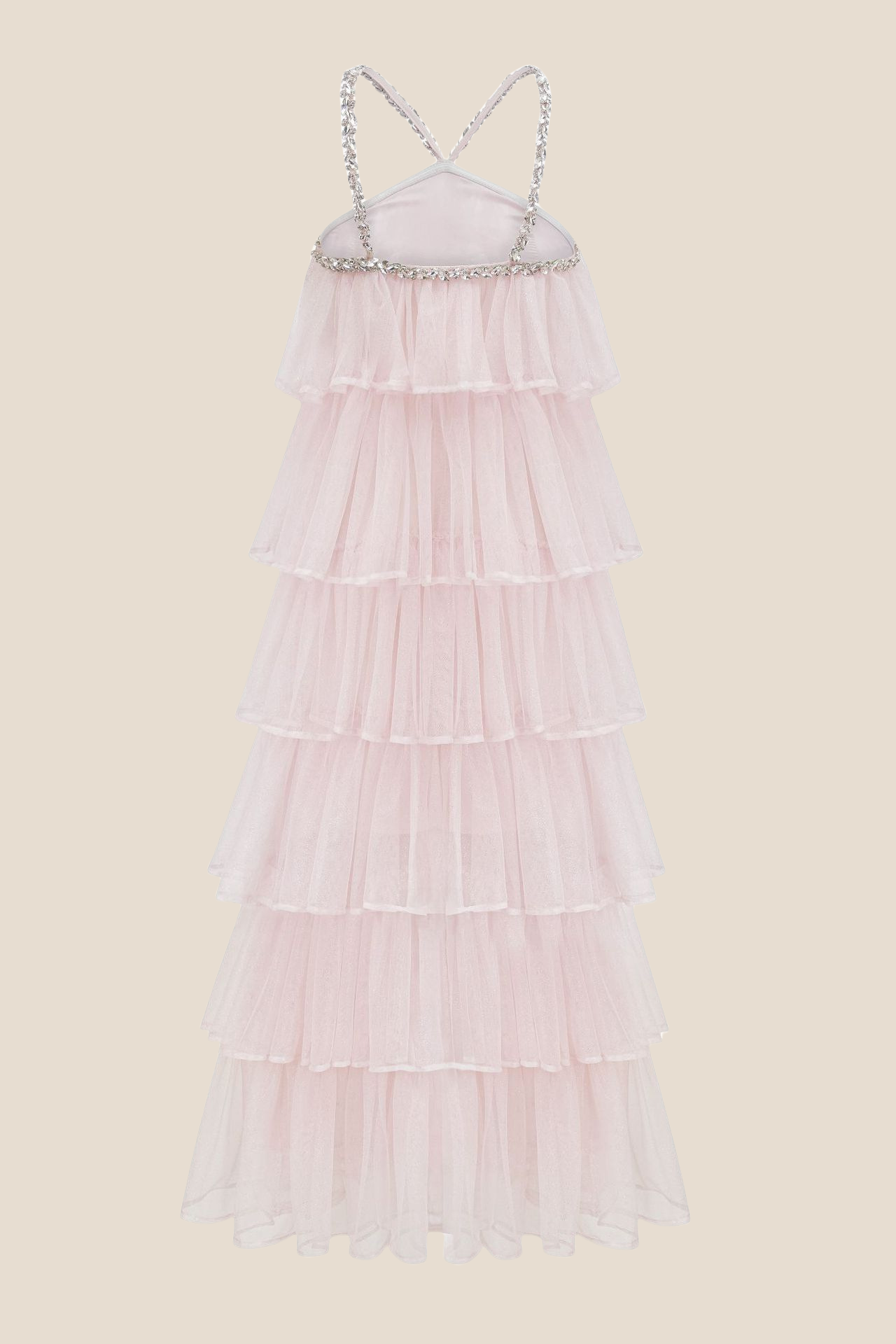 Light Pink Tiered A-line Long Dress with Diamonds