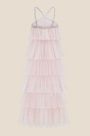 Light Pink Tiered A-line Long Dress with Diamonds