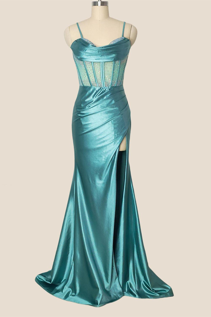 Light Teal Beaded Sheer Mermaid Long Dress