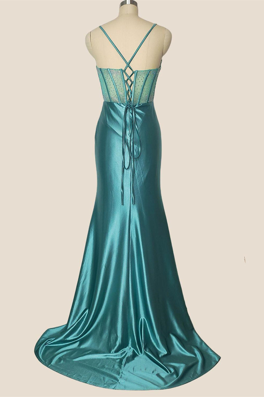 Light Teal Beaded Sheer Mermaid Long Dress