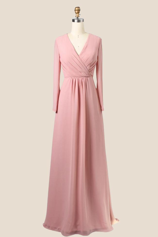 Long Sleeves Blush Pink Pleated Bridesmaid Dress