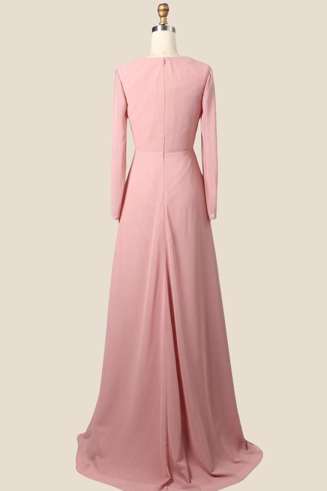 Long Sleeves Blush Pink Pleated Bridesmaid Dress