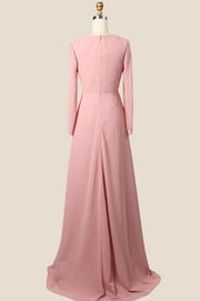 Long Sleeves Blush Pink Pleated Bridesmaid Dress