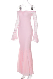 Long Sleeves Pink Lace Mermaid Long Party Dress