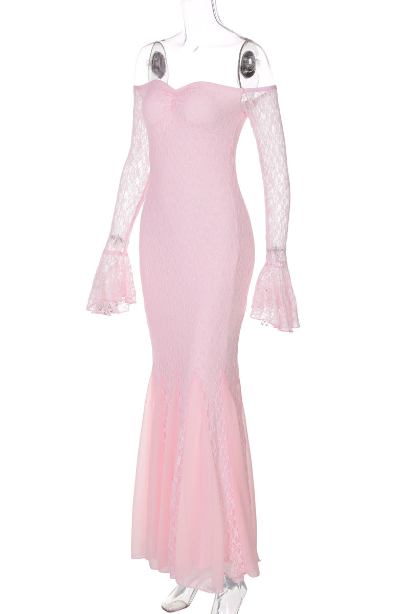 Long Sleeves Pink Lace Mermaid Long Party Dress