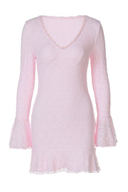 Long Sleeves Pink Lace Ruffled Short Dress