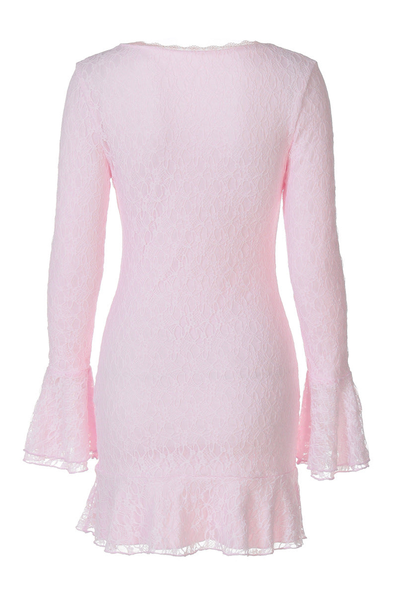 Long Sleeves Pink Lace Ruffled Short Dress