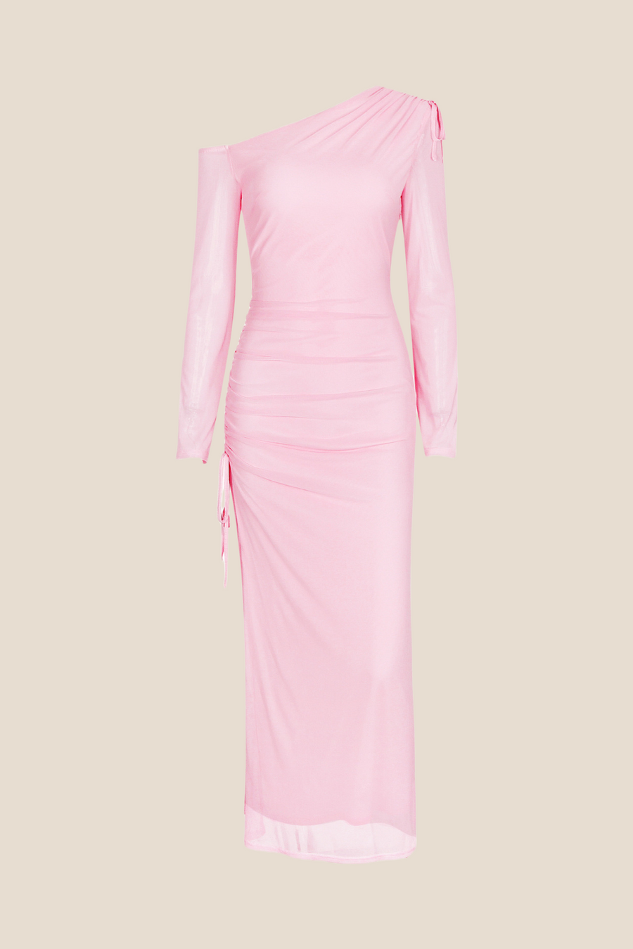 Long Sleeves Pink Ruched Long Dress with Slit