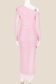 Long Sleeves Pink Ruched Long Dress with Slit