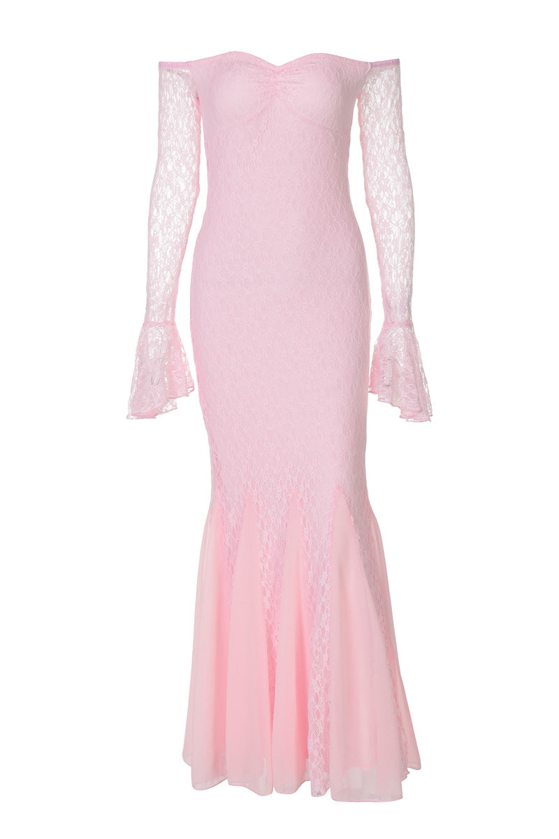 Long Sleeves Pink Lace Mermaid Long Party Dress