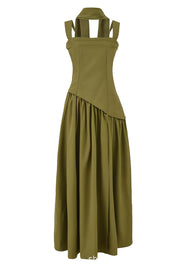 Green Ruched Waist Maxi Dress with Scarf