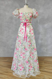 Strapless Floral Embroidery Long Dress with Short Sleeves