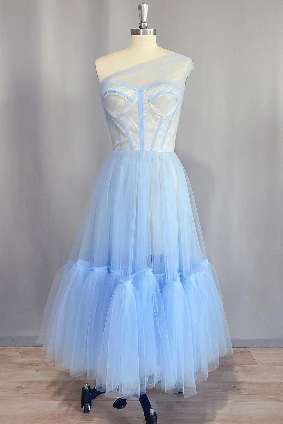 One Shoulder Light Blue Tulle Tea Length Dress