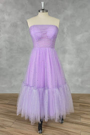 Strapless Lilac Sparkle Tulle Midi Dress