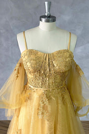 Straps Yellow Lace Appliques A-line Formal Dress