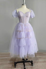 Straps Lavender Tulle Midi Dress with Short Sleeves